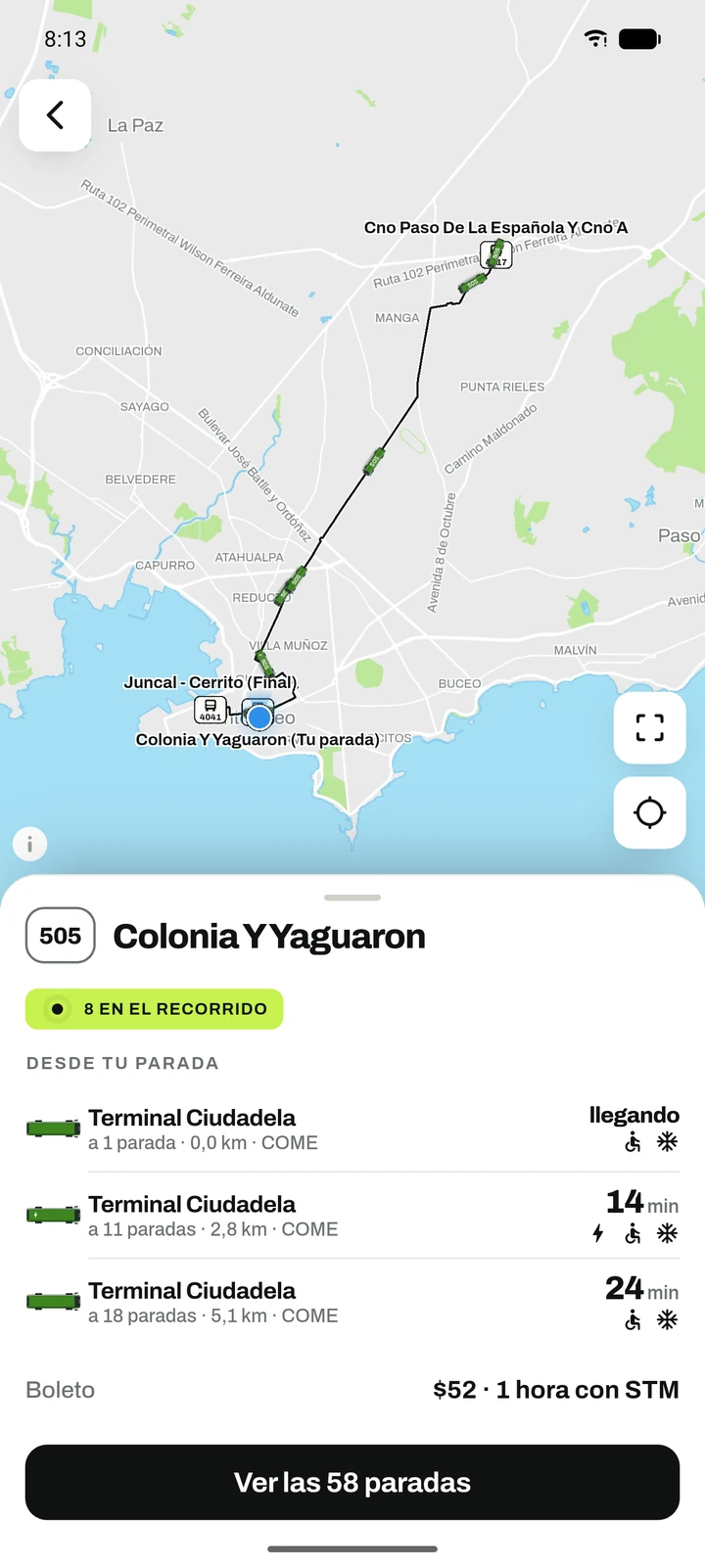 La línea 505 en el mapa, con ocho coches en el recorrido